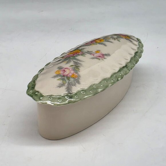 Floral Ceramic Trinket Box With Green Scalloped Edge & Pastel Design For Small J - Picture 5 of 7